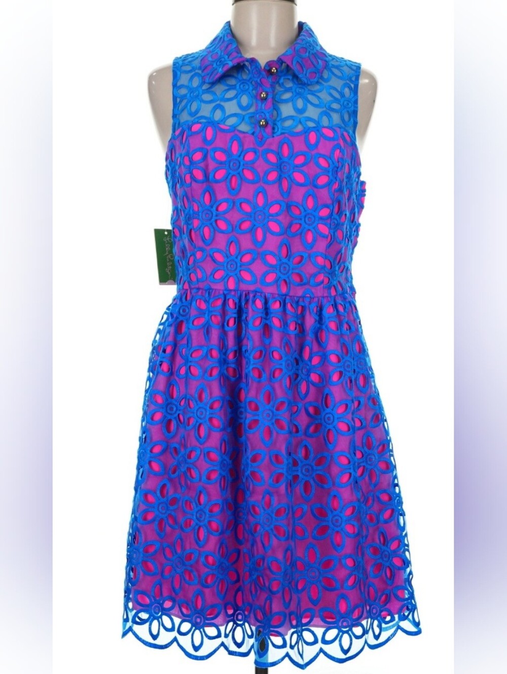 Lilly Pulitzer Blue Floral Eyelet Dress with Pink Lining